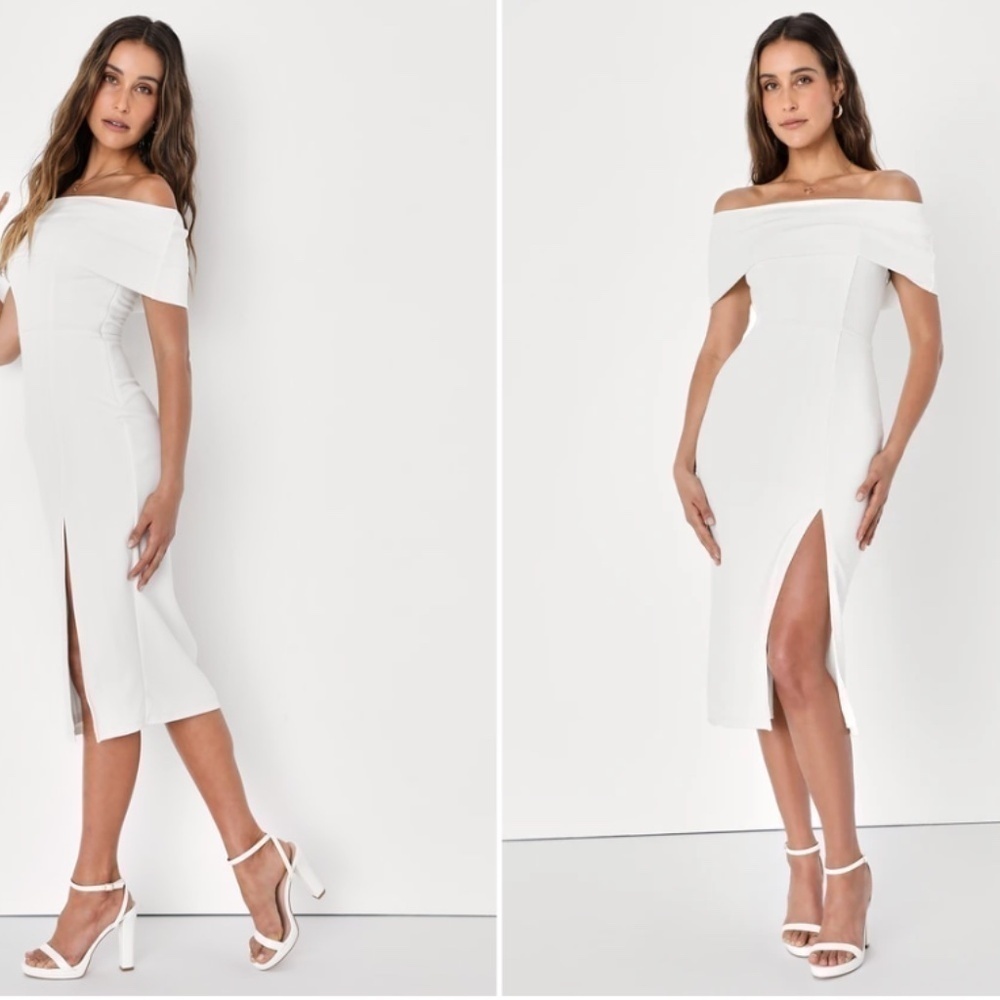 LULU's Bridal Chic Modern Sexy Minimalist Off the Shoulder Midi Dress